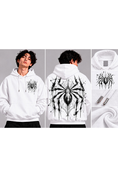 classy moda Gothic Spider Back Print Oversized Hooded White Sweatshirt with K...