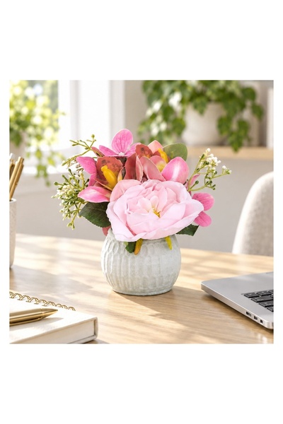 OEM Ghiveci Decorativ Gri cu Planta Artificială și Flori Roz Ø9x18 cm