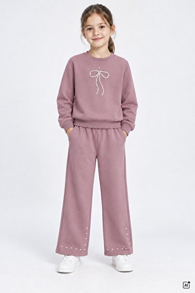CansınMini Gül Kurusu Girls' Wide Leg Sweatpants Set with Pearl Detail at the...