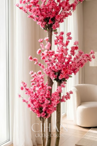 Cihan Çiçekçilik Premium 170 cm Yapay Pembe 3 Gövdeli Bahar Dalı Ağacı - 27x33 Küre Saksılı