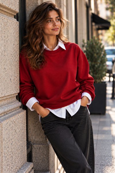 Lizbon Style Kadın Siyah Oversize 3 Iplik Bisiklet Yaka Sweatshirt - Bordo