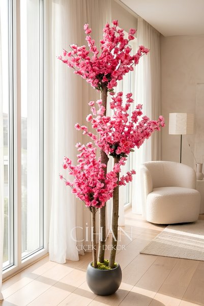 Cihan Çiçekçilik Premium 170 cm Yapay Pembe 3 Gövdeli Bahar Dalı Ağacı - 27x33 Küre Saksılı