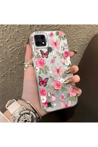 quırkshıeld Realme C21 Uyumlu Pembe Çiçek ve Kelebek Desenli Telefon Kılıfı, ...