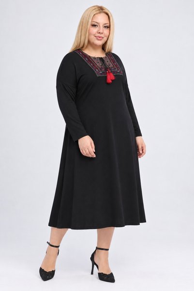 Curvy Trend Büyük Beden Nakış Yakalı Geniş Kesim Uzun Kol Viskon Elbise