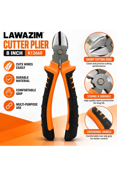 Lawazim 8 Inch Heavy Duty Diagonal Cutter Plier, Steel Wire Cutting Tool, Non-Slip Grip K12660