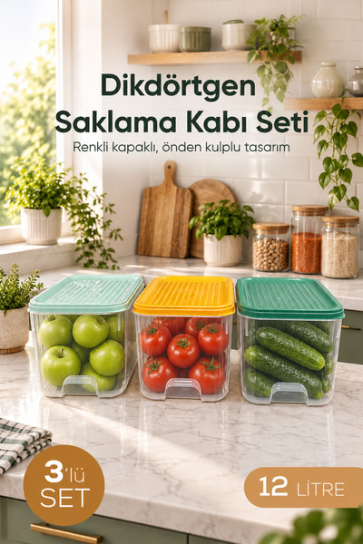 Vienev 3'lü 12 Lt Dikdörtgen Saklama Kabı Seti Renkli Kapaklı Mutfak Buzdolabı Erzak Düzenleyici