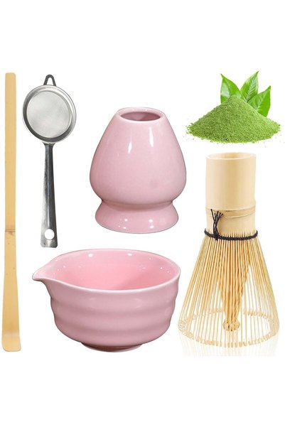 Generic Brand Pink Matcha Set, Ceramic Bowl, Strainer, Holder and Japanese Wh...