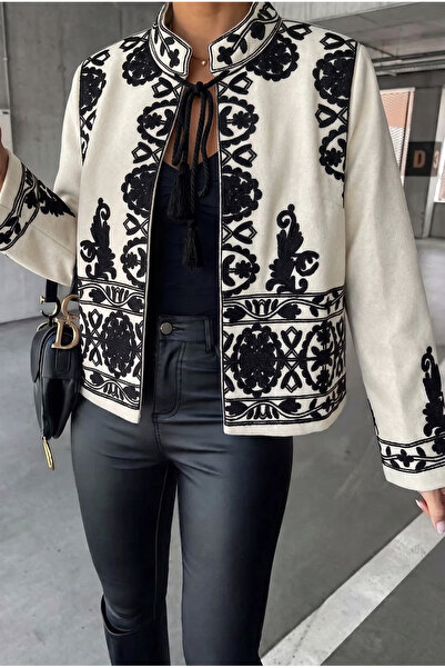 FEMELLE Women's White Stand Collar Tassel Embroidered Cashmere Jacket