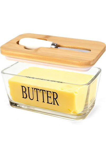 Generic Brand Butter Container with Bamboo Lid, Airtight Glass Butter Contain...