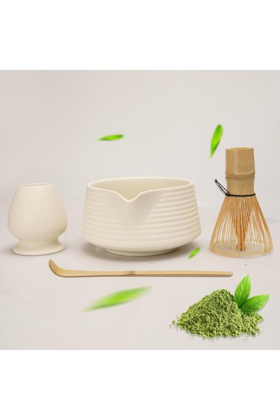 Generic Brand 4-Piece White Matcha Set, Bowl with Spout, Whisk and Spoon