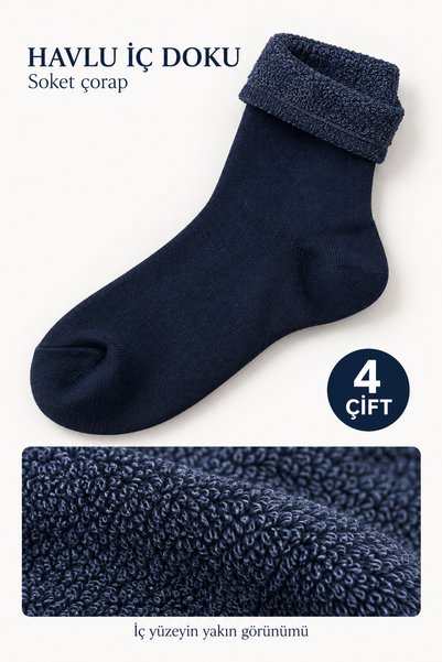 Özgün Çorap 4'lü Unisex Havlu Soket Çorap Lacivert Pamuklu Kışlık Sıcak Tutan...