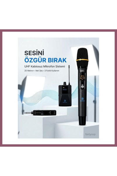 Bezos UHF Kablosuz Mikrofon Seti El Yaka ve Boyun Mikrofonlu 6.5mm Alıcılı 3.5mm Çeviricili Profes IND0320