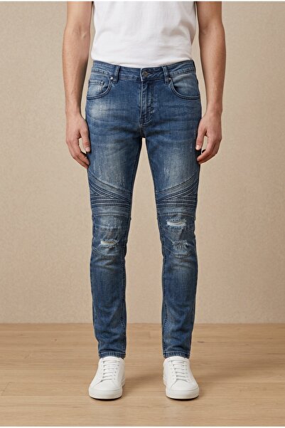 OEM Blugi barbati casual regular fit cu insertii matlasate la genunchi si efe...