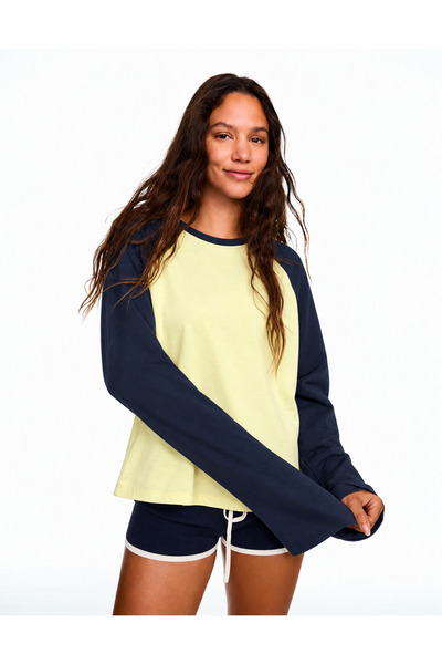 CrepTekstil Women's 100% Cotton Contrast Yellow Navy Blue Raglan Sleeve Crew Neck Oversize T-Shirt