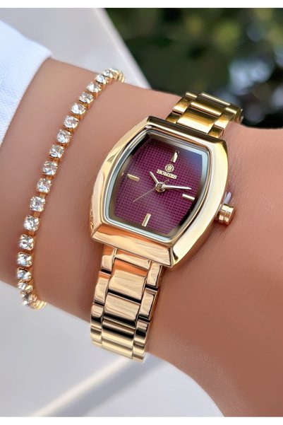 Homies Rectangular Case - Gold Burgundy Color - Steel Strap Women's Wristwatch - Waterproof - with Bracelet Gift