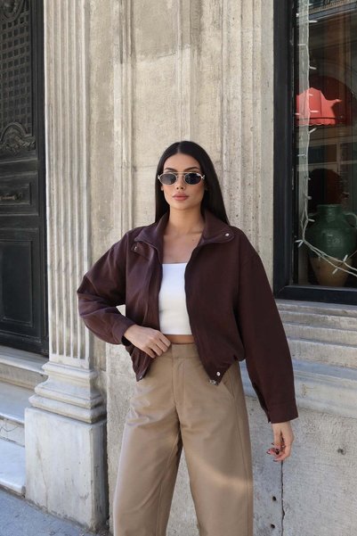 KECHİ WOMAN Gabardine Fabric Zippered Lined Jacket Brown