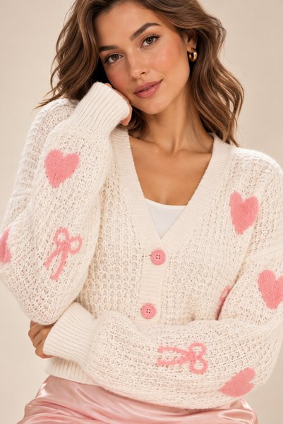 citycenterfashion Cardigan de damă cu decolteu în V, cu model inimioare și na...
