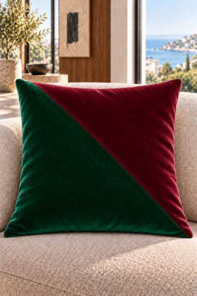 Çift Renkli Düz Kaliteli Kadife Kırlent Kılıfı 42x42 cm, Çapraz Panelli| Yeşil-Bordo