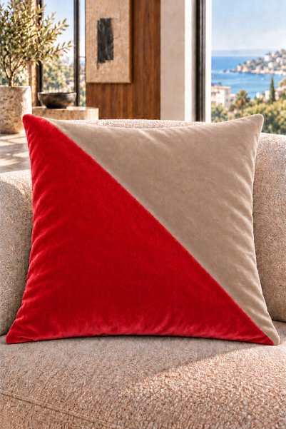 Çift Renkli Düz Kaliteli Kadife Kırlent Kılıfı 42x42 cm, Çapraz Panelli| Kırmızı(Narçiçeği Tonlarında)-SütlüKahve