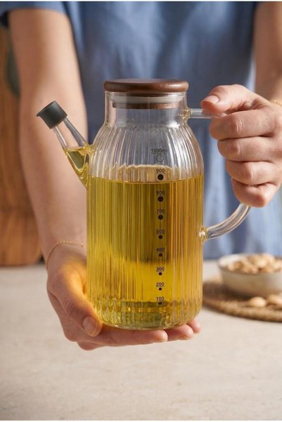 Atbyhome Akasya Kapaklı Çizgili Borosilikat Cam Yağdanlık 1000 ml - Kulplu Damlatmaz Ölçülü Yağ Şişesi Sirkelik