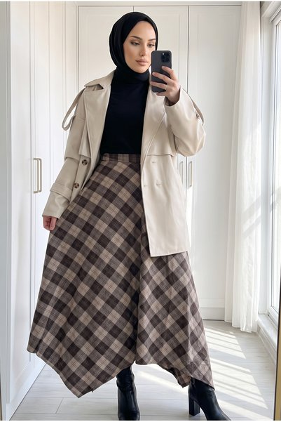 Kirazca Butik Fusta lungă evazată cu talie înaltă, cu model în carouri, pentr...
