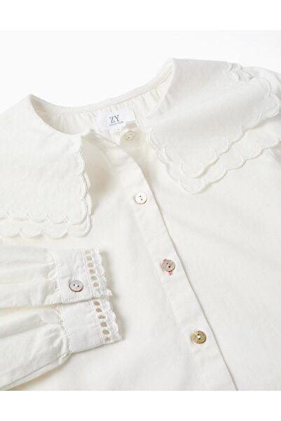 Ziddy Long Sleeve Cotton Shirt With Square Collar B&S For Girls, White