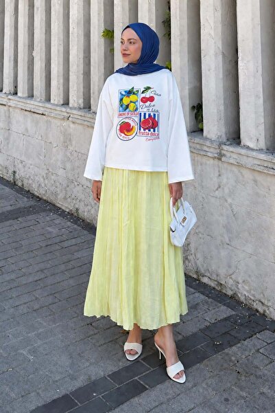 lamelif Basic Oversize Dolce Vita Meyve Baskılı Bluz Beyaz