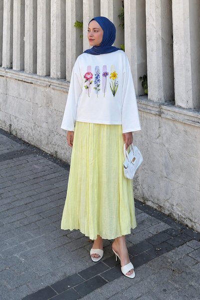 lamelif Basic Oversize Çiçek Baskılı Bluz Beyaz