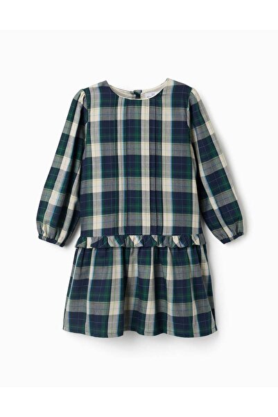 Ziddy Checked Cotton Dress With Pleats B&S For Girls, Blue/Green/Beige