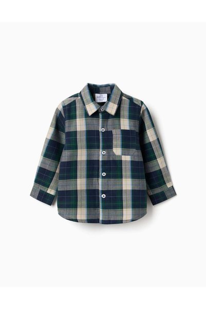 Ziddy Long Sleeve Checked Cotton Shirt B&S For Baby Boys, Blue/Green/Beige