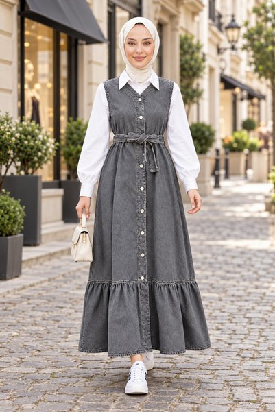 Hb Harma Time Butik Women's Buttoned Belted Skirt with Ruffles Gray Denim Gilet