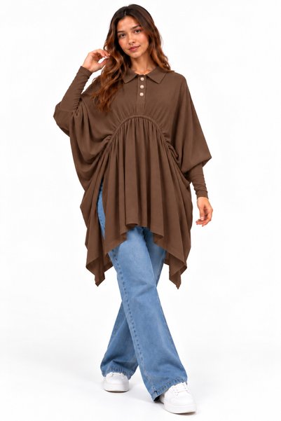 CNR TEKSTİL Women's Drawstring Detailed Batwing Sleeve Loose Tunic – Side Slits