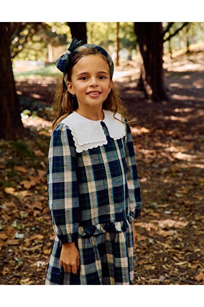 Ziddy Checked Cotton Dress With Pleats B&S For Girls, Blue/Green/Beige