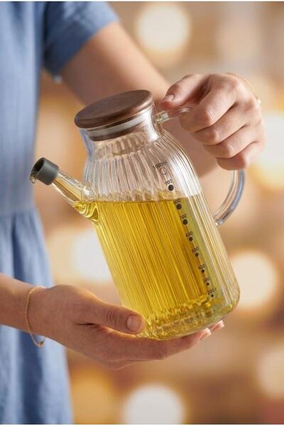 Atbyhome Akasya Kapaklı Çizgili Borosilikat Cam Yağdanlık 1000 ml - Kulplu Damlatmaz Ölçülü Yağ Şişesi Sirkelik