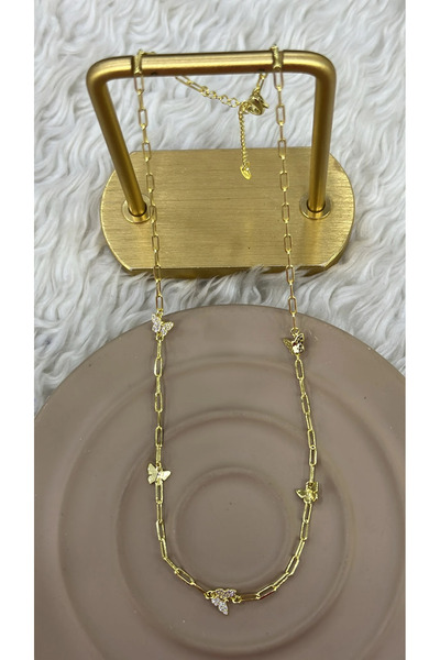 FM 💎   Premium Shiny and Stylish Gold Color Women's Steel Necklace with Butterfly Figure Detail (45 cm)