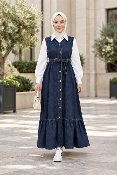 Hb Harma Time Butik Women's Buttoned Belted Skirt with Ruffles Dark Blue Deni...