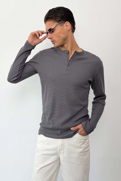 JB John Borners Men's Crew Neck Half Button Sweatshirt Anthracite - 5904