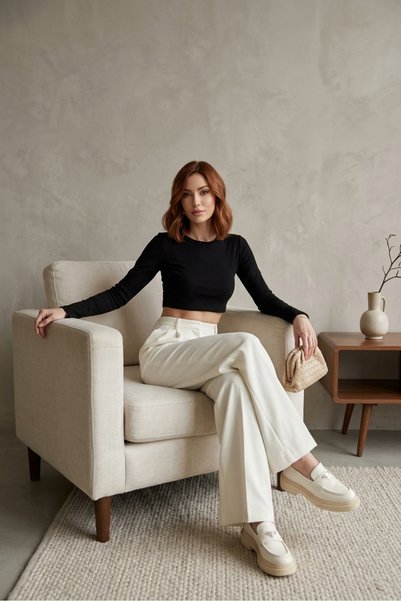 byhaziran butik Women's Ecru Special Cut Wide Leg Fabric Trousers