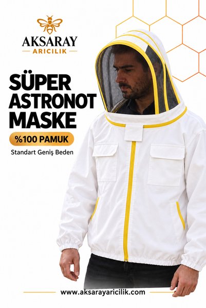 Aksaray Arıcılık Süper Astronot Arıcı Maskesi %100 Pamuklu Fermuarlı Beyaz Standart Geniş Beden