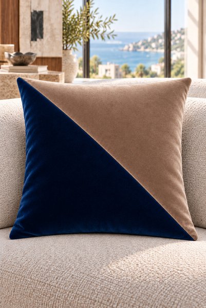 Çift Renkli Düz Kaliteli Kadife Kırlent Kılıfı 42x42 cm, Çapraz Panelli| Lacivert-SütlüKahve