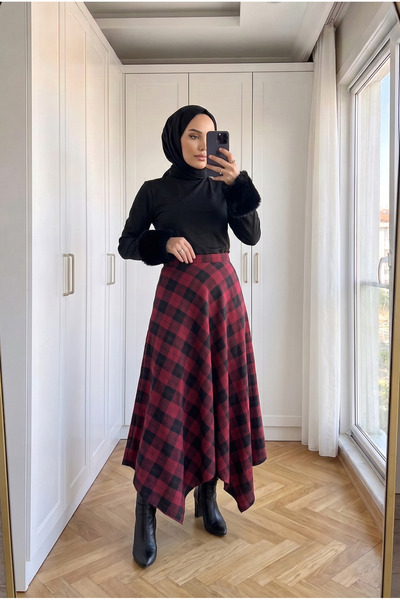 Kirazca Butik Women's Plaid Patterned High Waist Flared Long Skirt