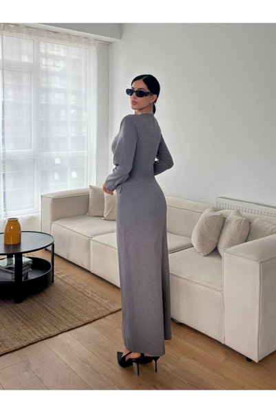 FLOWERİNG Rochie maxi gri pentru femei, cu nasturi și guler pătrat