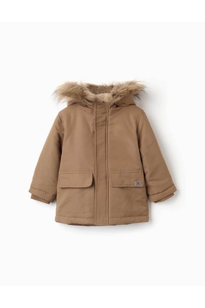 Ziddy Hooded Parka With Sherpa Lining For Baby Boys, Greyish-Brown