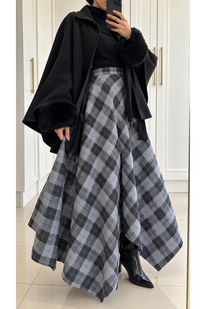 Kirazca Butik Women's Plaid Patterned High Waist Flared Long Skirt