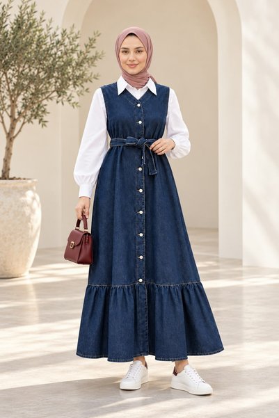 Hb Harma Time Butik Women's Buttoned Belted Skirt with Ruffles Dark Blue Denim Gilet