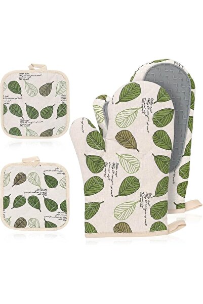 KASTWAVE Oven Mitts and Pot Holders Set of 4 (Green Leaf) – Heat Resistant Si...