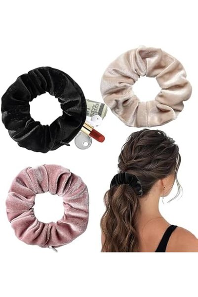 GENERAL 3PCS Velvet Zipper Pocket Scrunchies Secret Storage Hair Ties