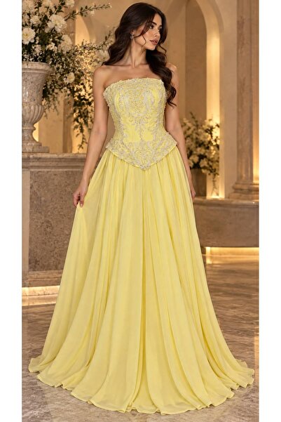 ELORA FASHION Lemon Yellow Evening Dress with Luxurious Embroidery and Chiffo...