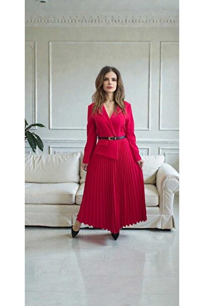 MAXORA SHOP Rochie plisată Lara, cu partea de sus tip sacou și centură