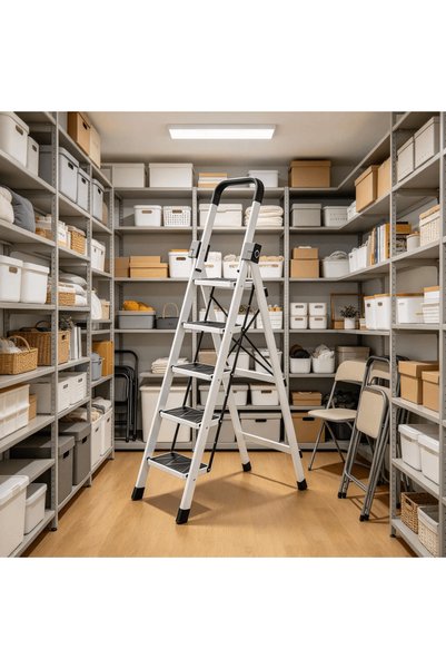 BESTONE 5 Step White Step Stool Ladder with Anti Slip Wide Pedals and Flip Over Handrail Multi Purpose Folding Design for Home Office Shop Library and Garage Use Easy to Store